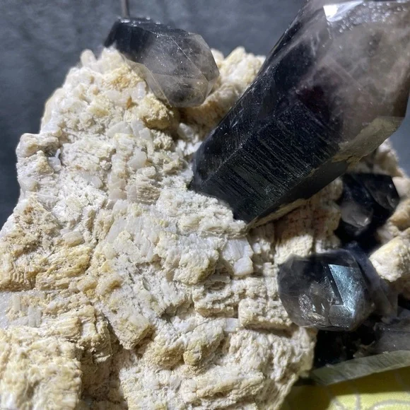 BLACK SMOKY QUARTZ- yellow calcite raw crystal cluster perfect 2”points 5”x5” - Picture 9 of 11